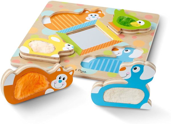 First Play Wooden Touch and Feel Puzzle Peek-a-Boo Pets With Mirror