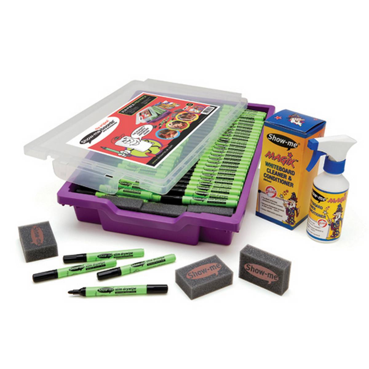 Show-me 200 Medium Tip Pens, 6 Erasers & Show-me MAGIX Cleaner in a Tray