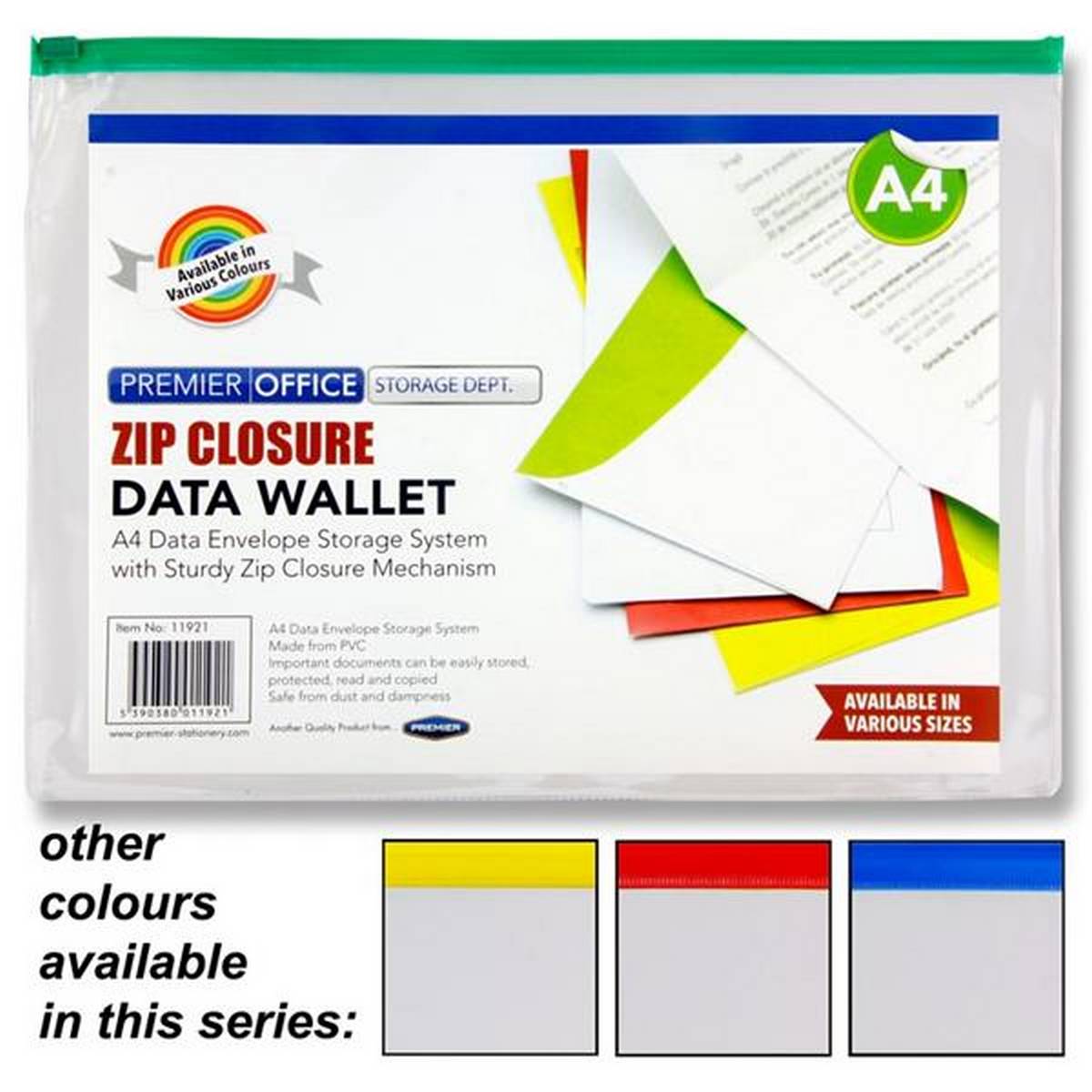 Multi-Colour Premier Stationery H2716539 A4 Office Zipper File Wallet Pack of 12 