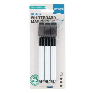 Card 3 Drywipe Markers With Eraser Lid - Black